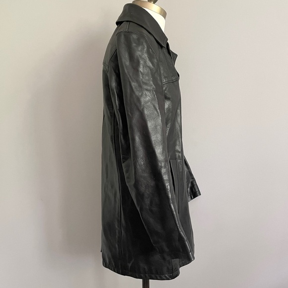 Vintage 90s Y2K Roots Black 100% Leather Straight Cut Mid Length Car Coat - 6/S - Picture 5 of 13
